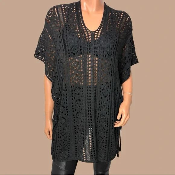 90s Black Open Knit Lace Crochet Tunic M/ L Side Cinch Y2K Dark Fairy WimsiGoth - Picture 2 of 11